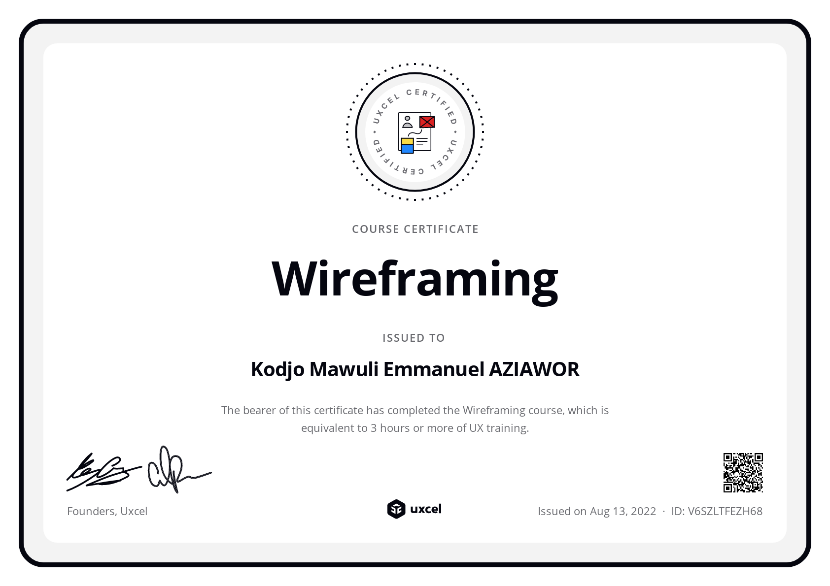 Emmanuel Aziawor's certificate